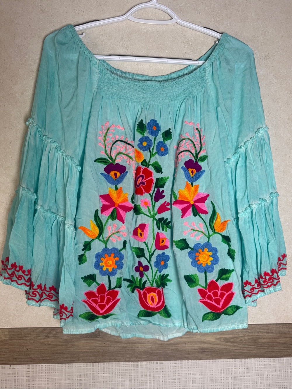 Embroidered Peasant Blouse - Turquoise‎ Floral